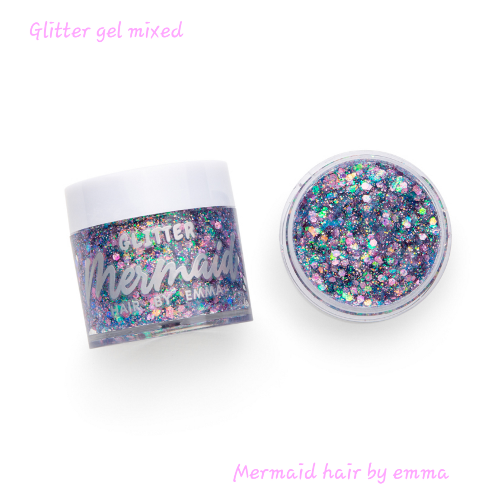 Small tub of pink, silver and blue mix cosmetic grade glitter gel for face and body.