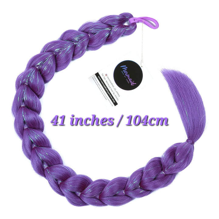 Purple synthetic braided hair extension with silver glitter strands, shown coiled with a black brand tag and text overlay indicating 41 inches / 104cm length.