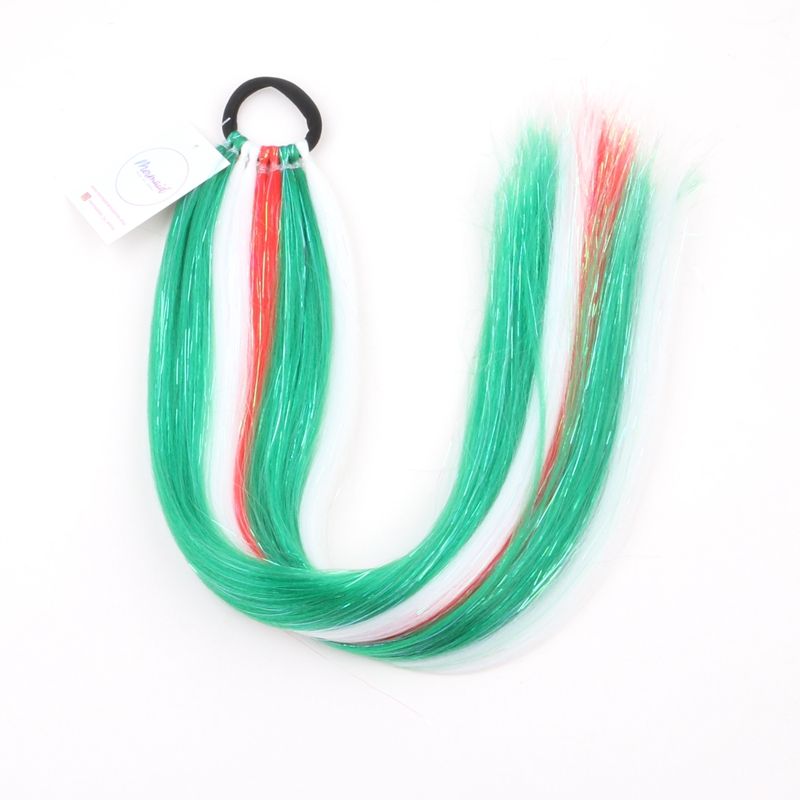 A set of synthetic hair extensions in green, red, and white colors, tied together with an elastic band.