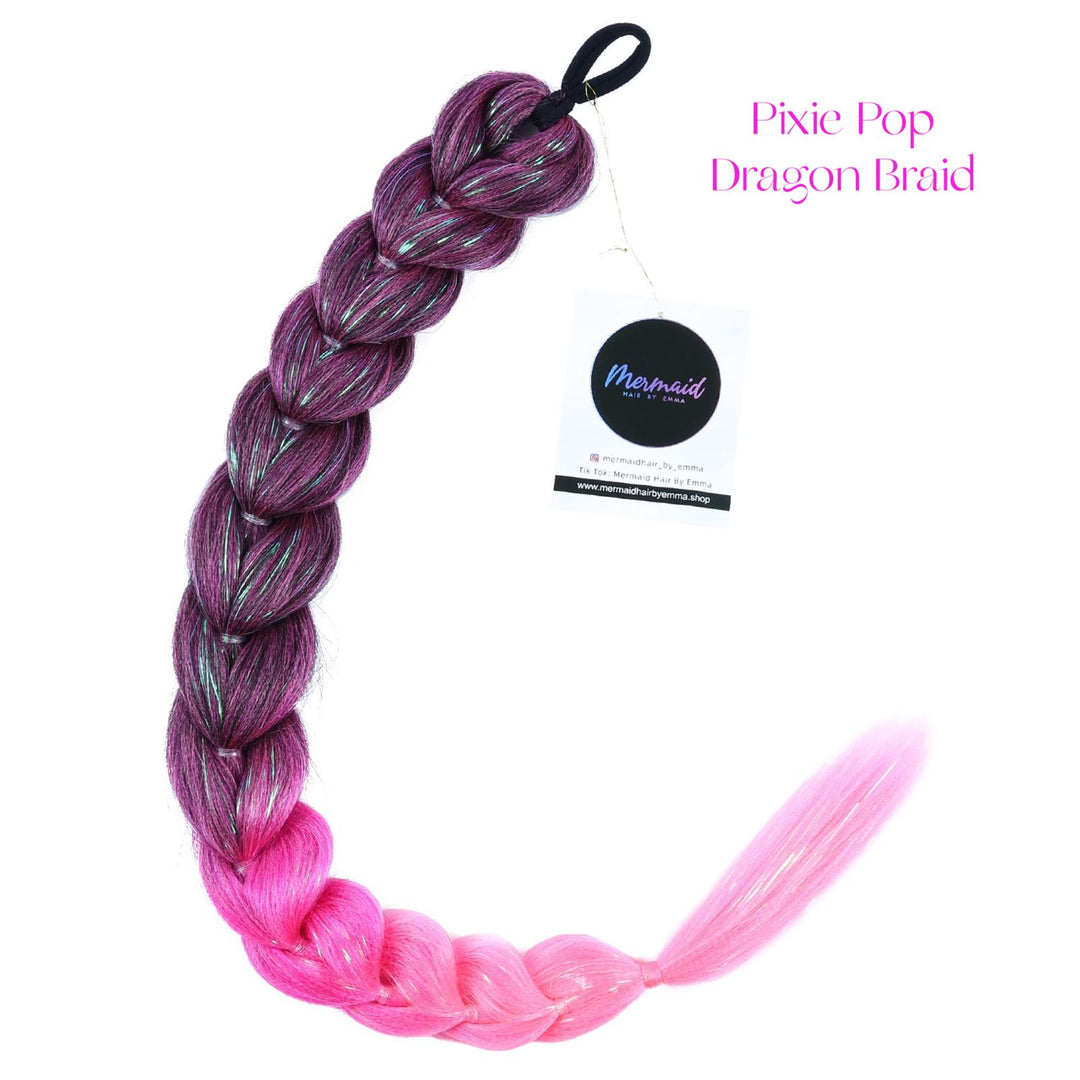 Purple and pink braided hair extension with a Mermaid by the Sea label on a white background