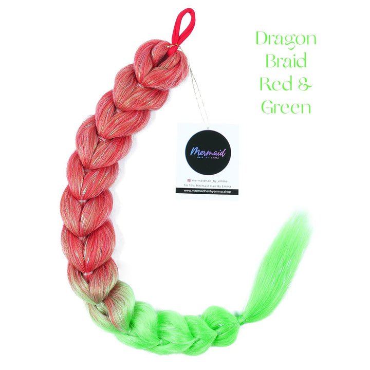 Red and green braided hair extensions with a Mermaid Hair Extensions branded label on a white background.