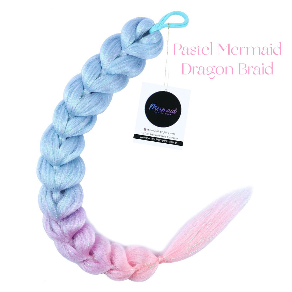 Pastel mermaid dragon braid hair with a brand tag on a white background