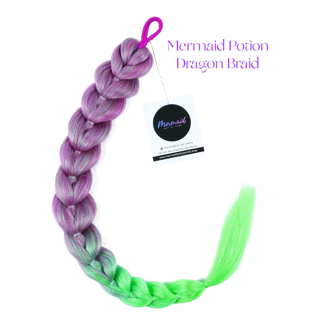 Purple and green braided hair extension with 'Mermaid Potion' branding on a white background