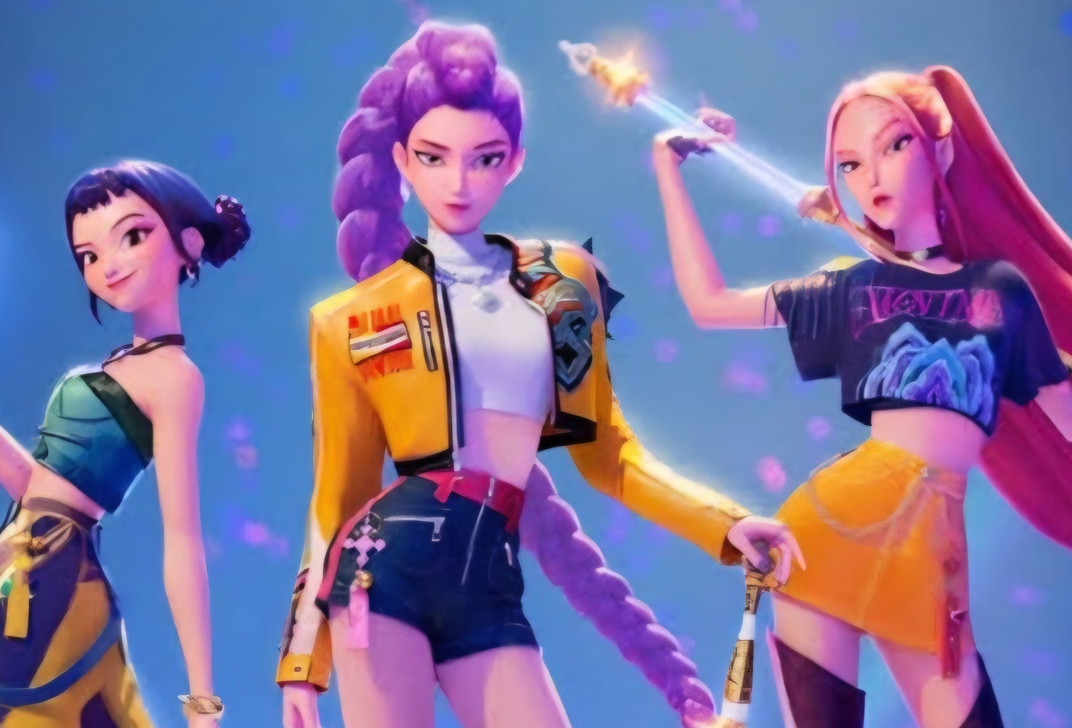 Three animated characters with colorful outfits and accessories on a blue background