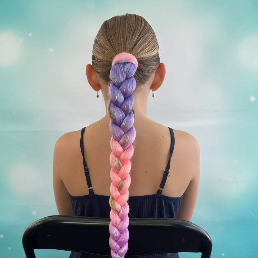 Person with a colorful braided hairstyle sitting in front of a mirror.