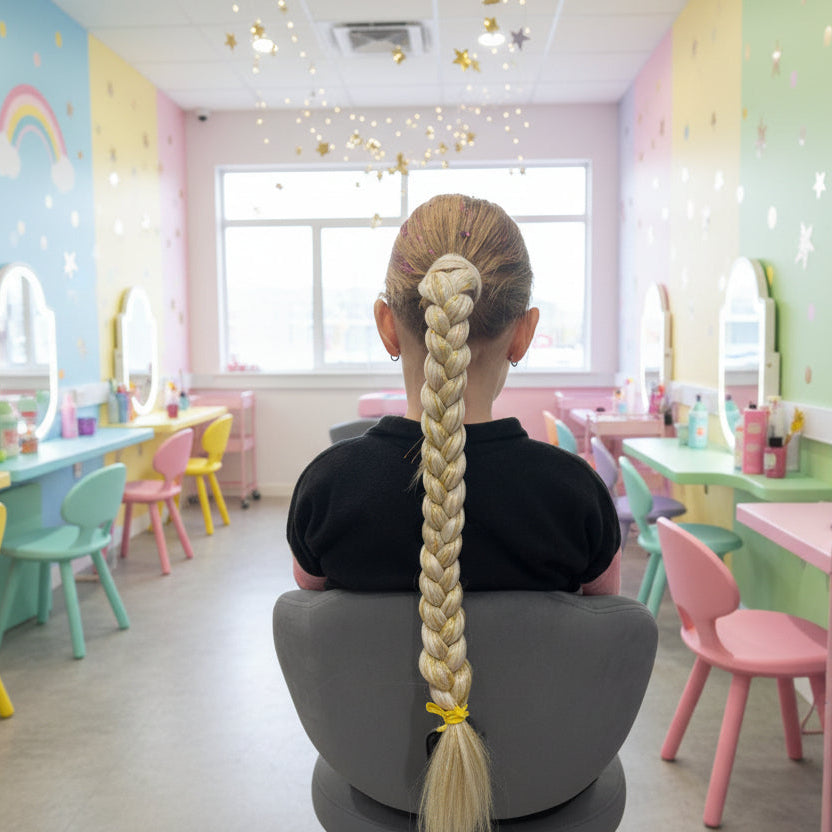 Person with a long braided hairstyle sitting in a chair indoors.