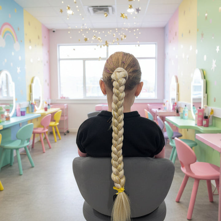 Person with a long braided hairstyle sitting in a chair indoors.