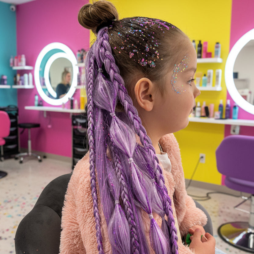 Child with purple braids sitting in a chair, surrounded by makeup and hair products.
