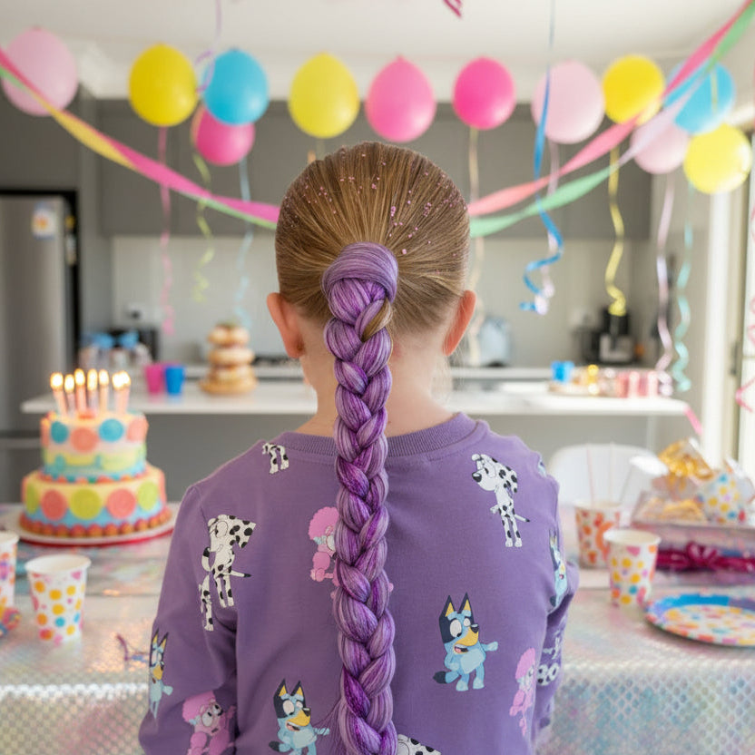 Child with a purple braided hairstyle in a kitchen setting