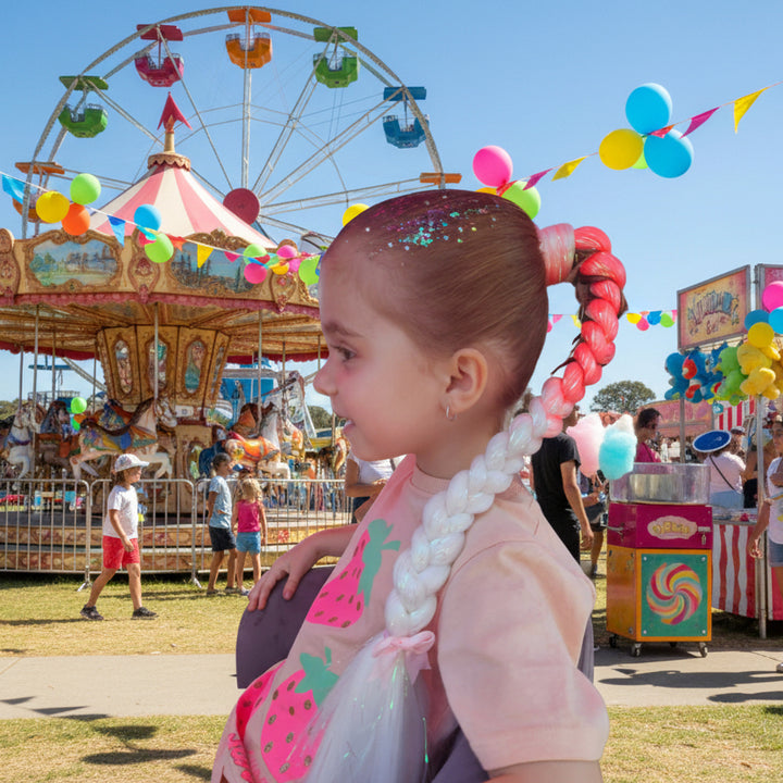 Child with decorative hair at an outdoor event