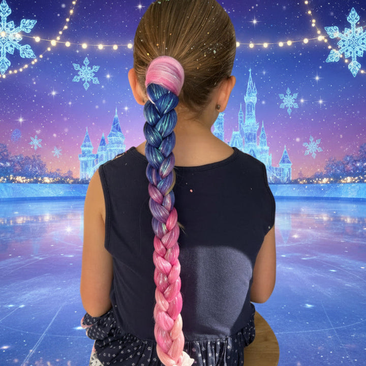 Child with braided hair in pink and blue colors against a magical ice rink background.