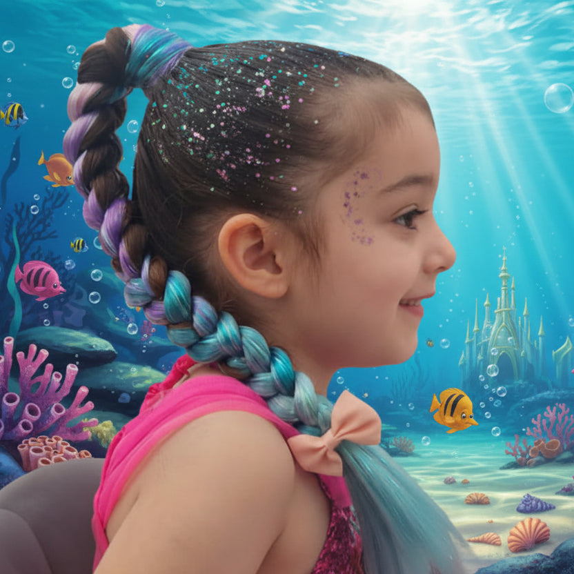 Child with colorful braided hair in an underwater scene with fish and a castle.