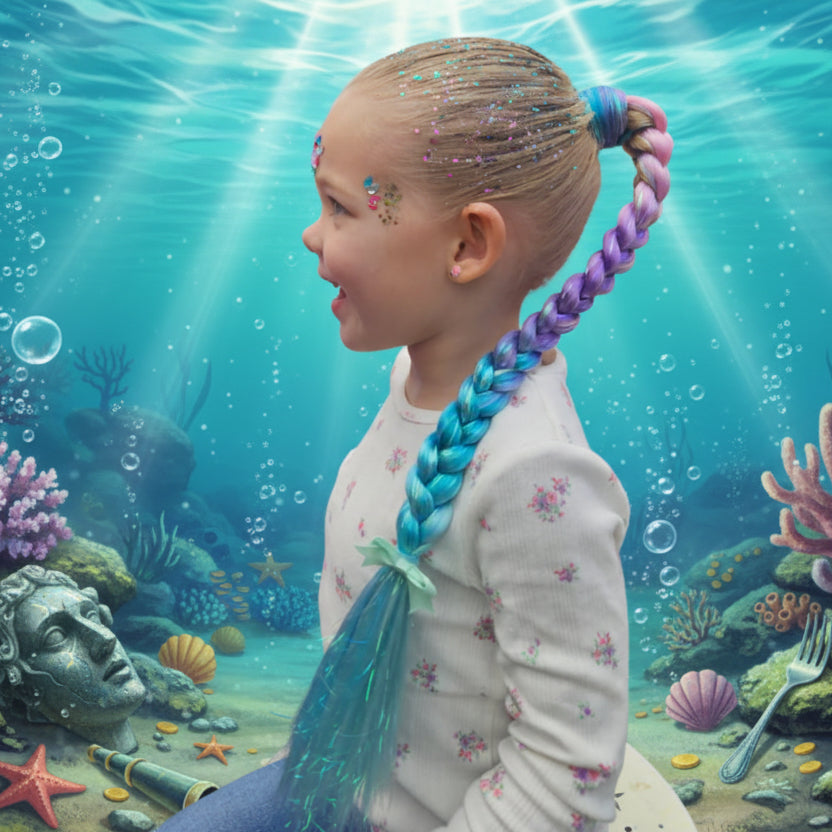 Child with braided hair in a mermaid-themed underwater setting