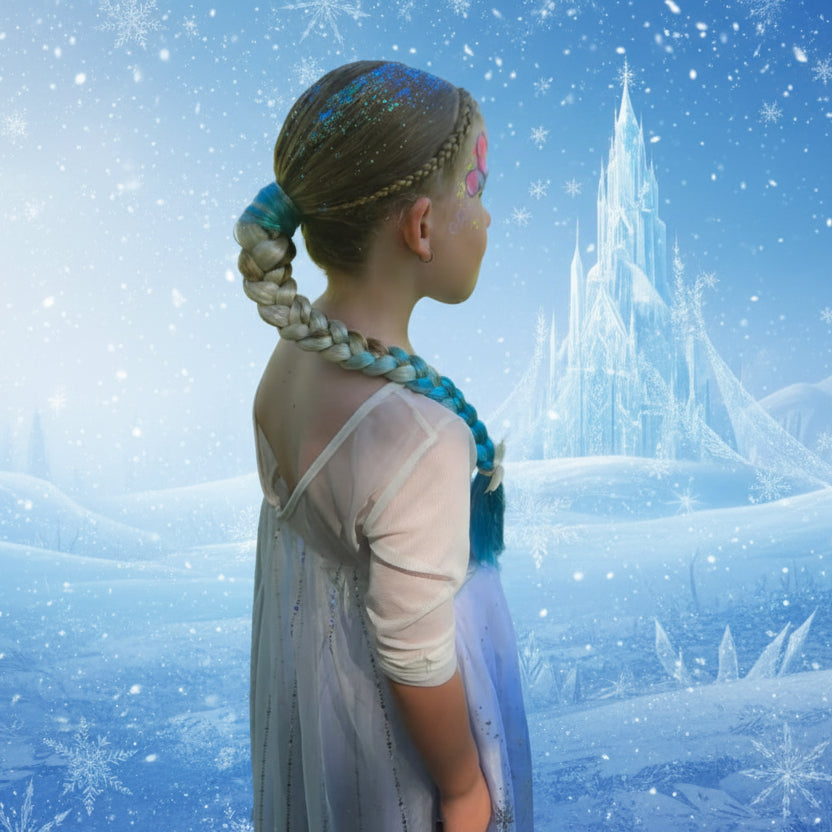 Child in a Frozen-themed costume and Elsa hair looking at an ice castle in a snowy landscape