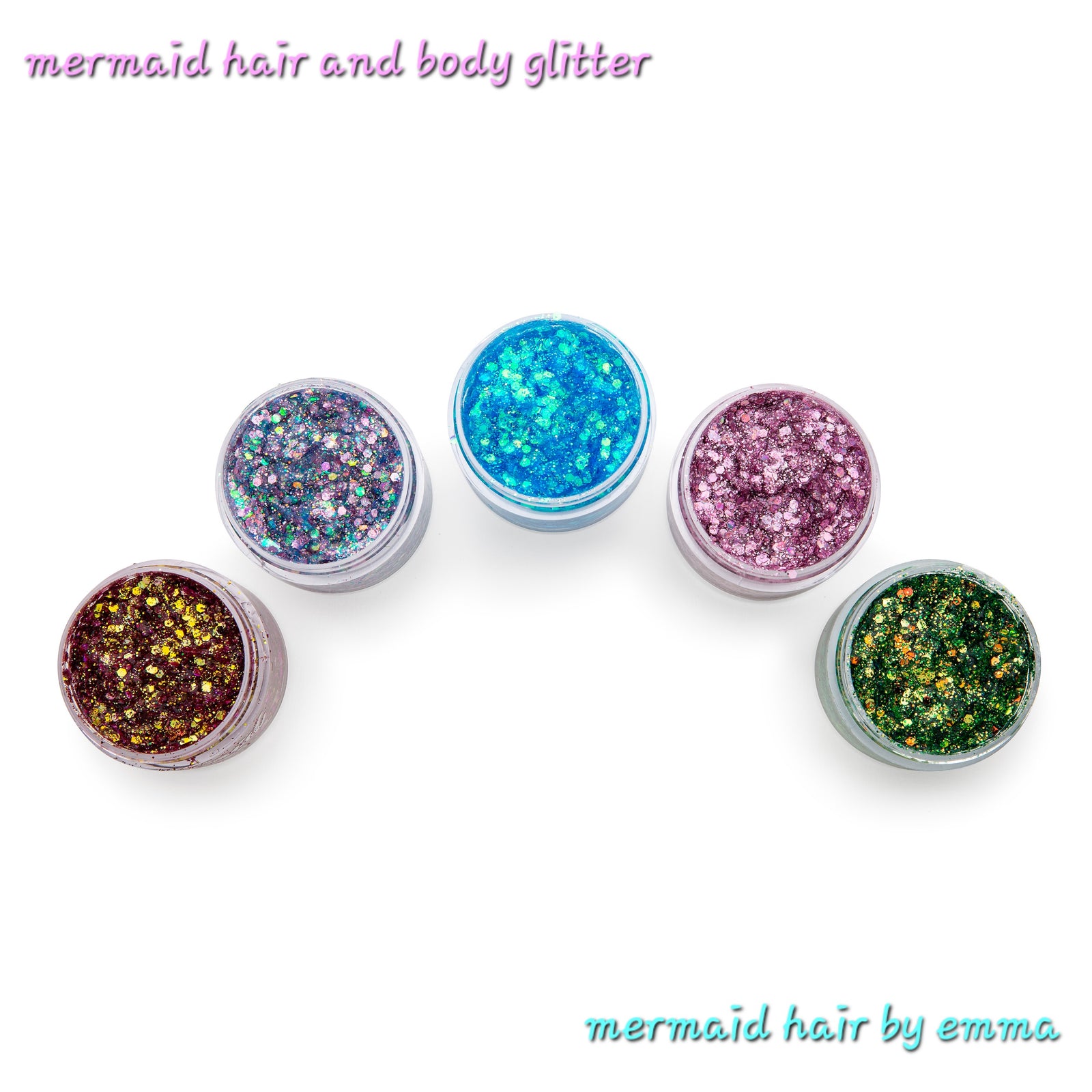 Five small jars of cosmetic glitter gel in various colors including blue, pink, purple, green, and orange, labeled 'mermaid hair and body glitter' by emma.
