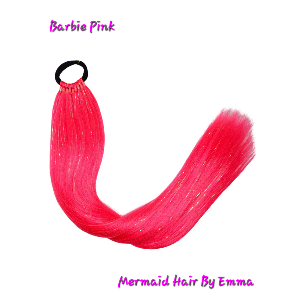 A strand of neon pink synthetic hair with tinsel, tied in a loop at one end, against a white background with the text 'Barbie Pink' and 'Mermaid Hair By Emma'.