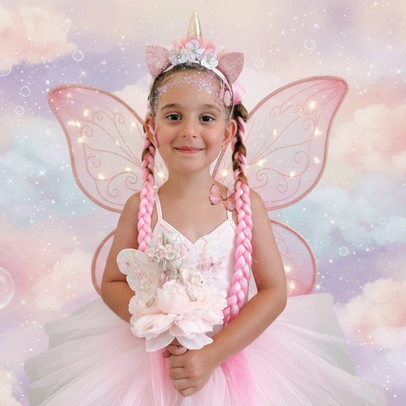 Young girl in a fairy costume with pink wings and braided hair, against a pastel background.