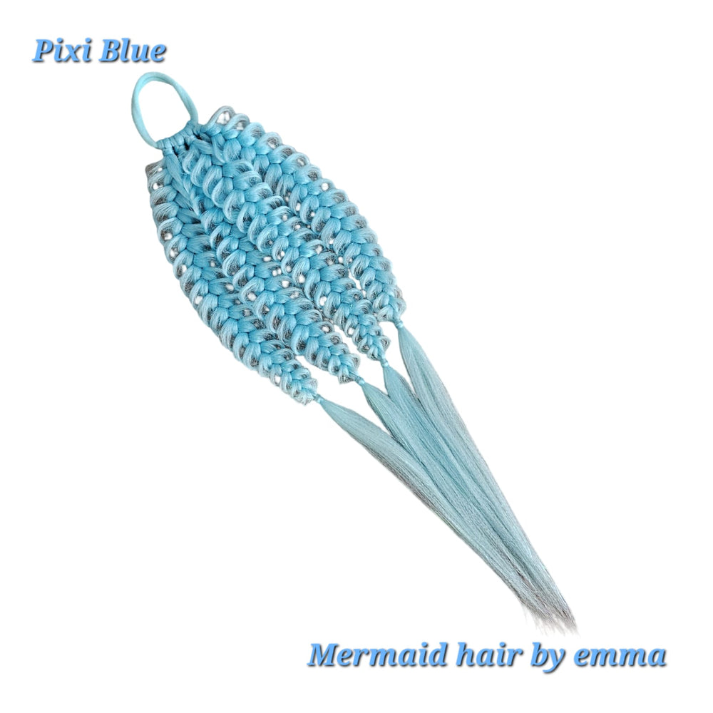 Blue mermaid hair extensions with 'Pixi Blue' and 'Mermaid hair by Emma