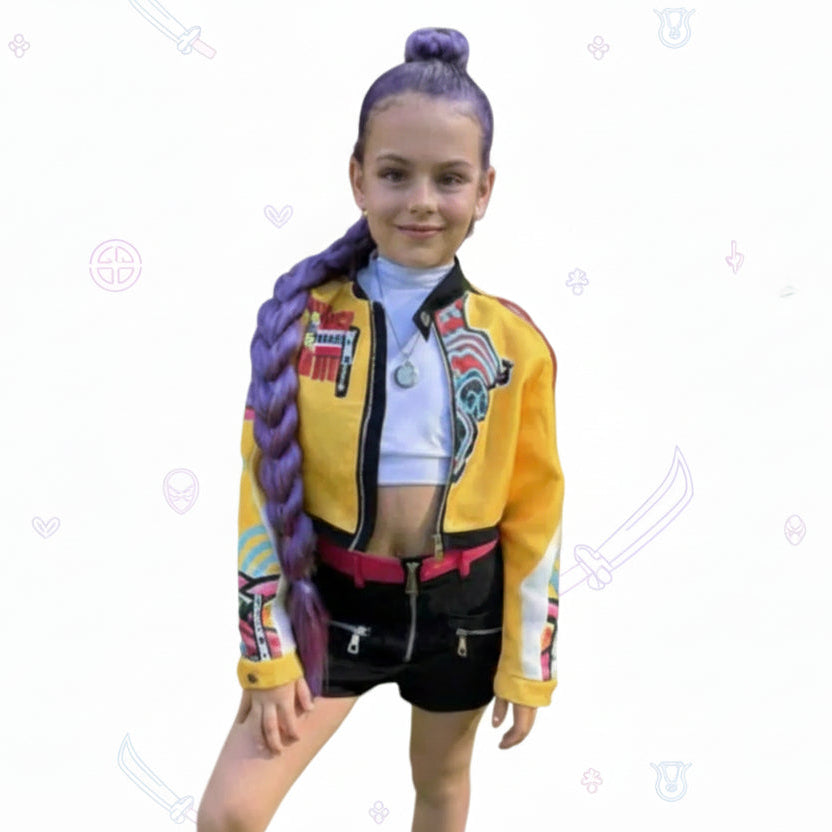 Person wearing a colorful K-Pop inspired jacket with a unique hairstyle outdoors