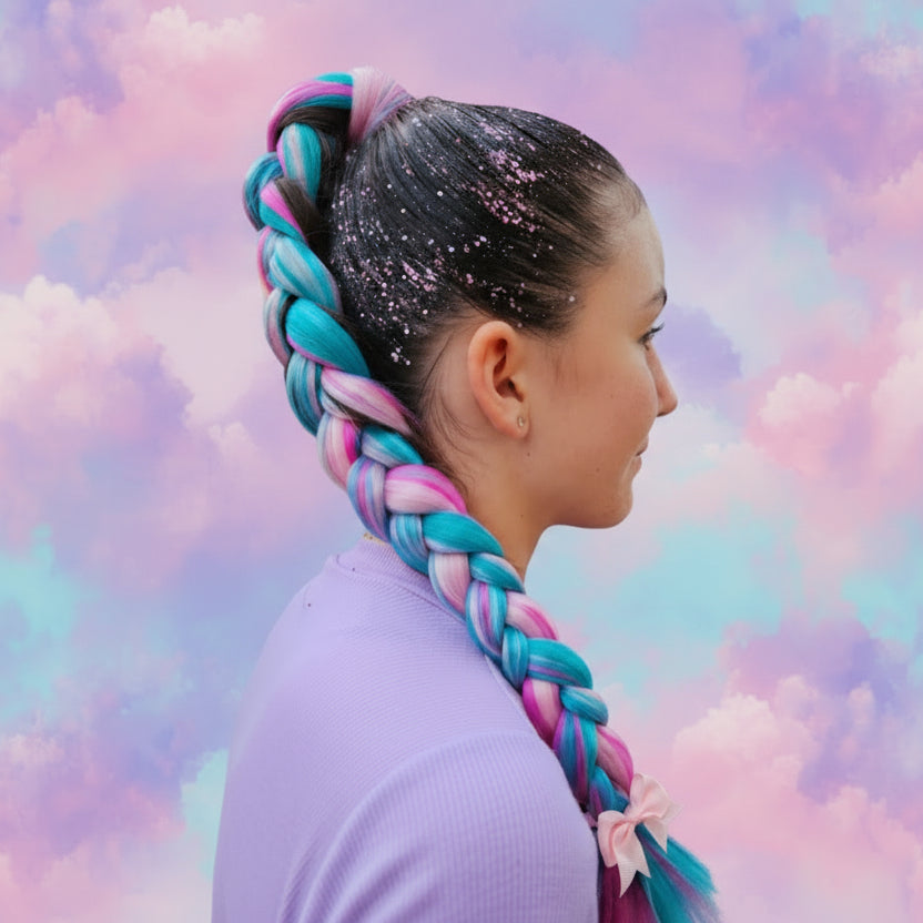 Person with colorful braided hair against a pastel cloud background