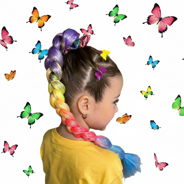 Child with colorful braided hair and butterflies around on a white background