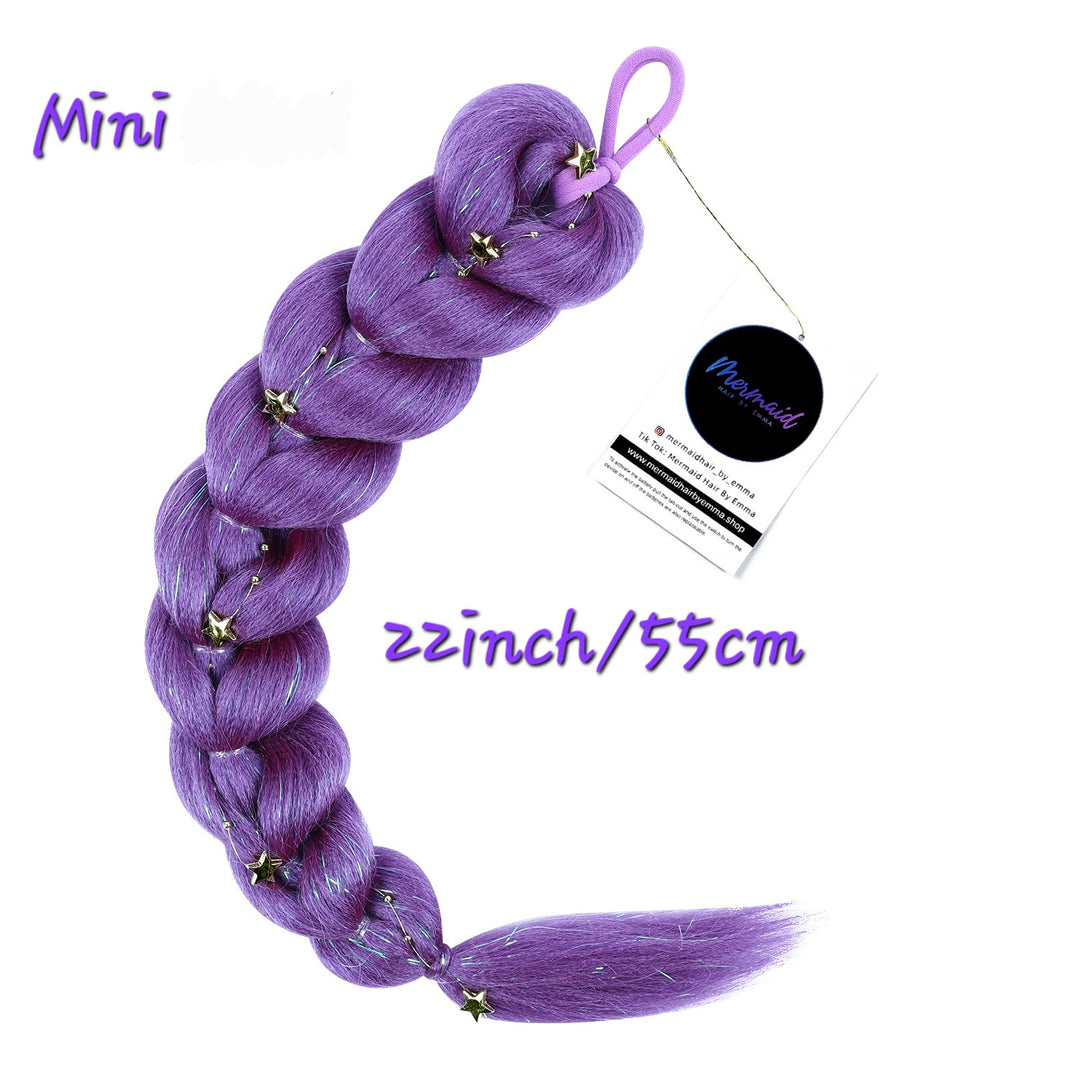 Purple braided synthetic hair extension with star embellishments and a hanging tag, labeled 'Mini' and '22inch/55cm' on a white background.