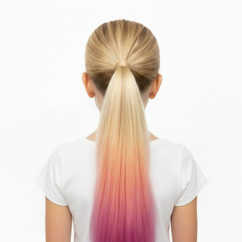 Person with a colorful ombre ponytail on a white background
