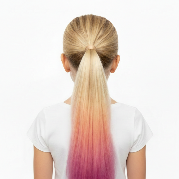 Person with a colorful ombre ponytail on a white background