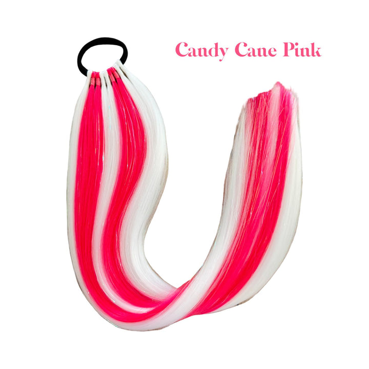 Pink and white striped hair extensions with a black ring on a white background.